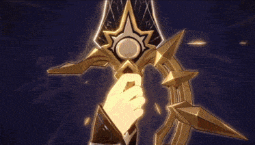 a person is holding a sword that has a star on it