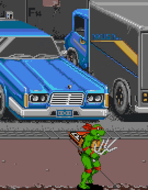 a pixel art of a teenage mutant ninja turtle carrying a pizza