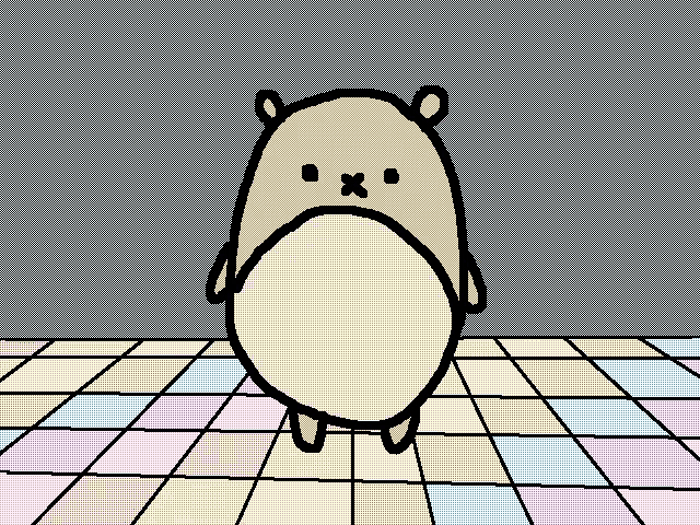 a cartoon drawing of a hamster standing on a colorful checkered floor