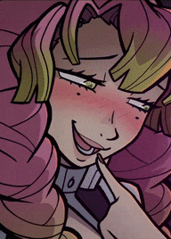 a drawing of a woman with pink hair and green eyes