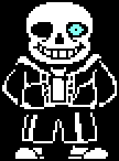 a pixel art of a skeleton with blue eyes and a smile on his face .