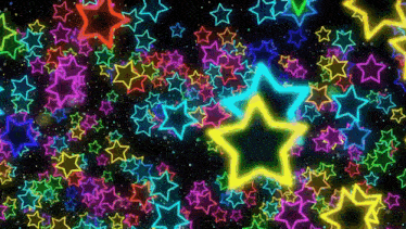 a bunch of neon stars are floating in the air on a black background