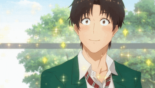 a boy in a green suit and tie is smiling with stars surrounding him