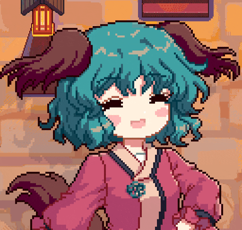 pixel art of a girl with blue hair and horns