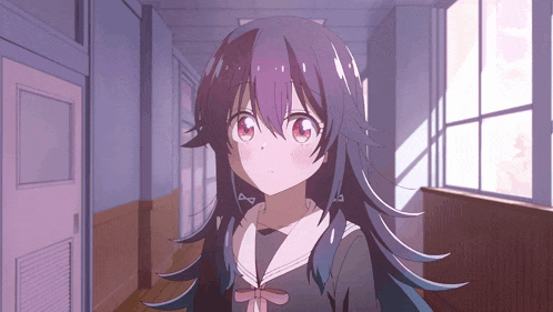 a girl with purple hair and red eyes is walking down a hallway