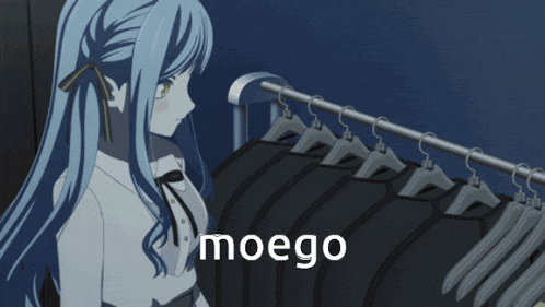 a girl with blue hair is looking at clothes on a rack and the word moego is on the bottom of the image