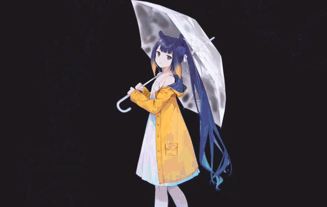 a girl in a yellow raincoat holding an umbrella