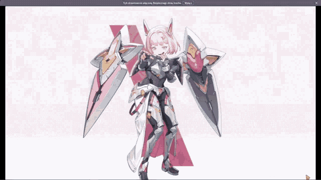 a screenshot of a video game shows a girl with pink hair holding a sword
