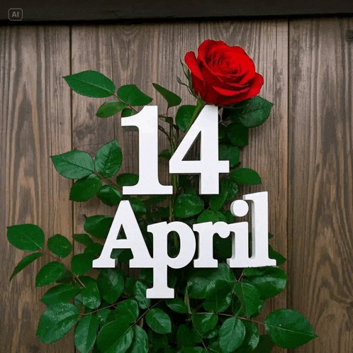a wooden sign with a red rose and the words 14 april
