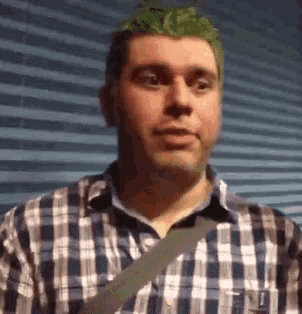 a man with green hair wearing a plaid shirt and tie