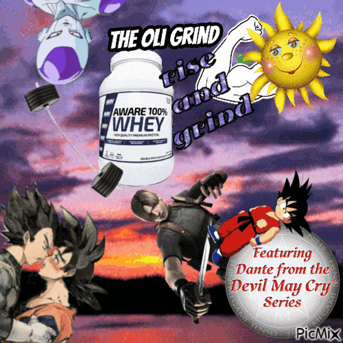 a bottle of aware 100 % whey is surrounded by cartoon characters and a sun