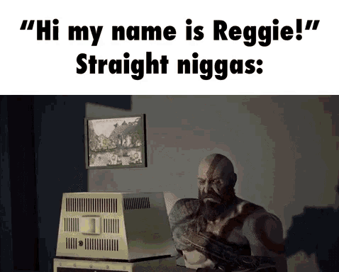 a man with a beard is sitting in front of a television and says " hi my name is reggie straight niggas "