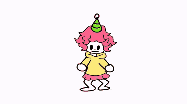 a cartoon girl with pink hair and a party hat on her head is dancing .