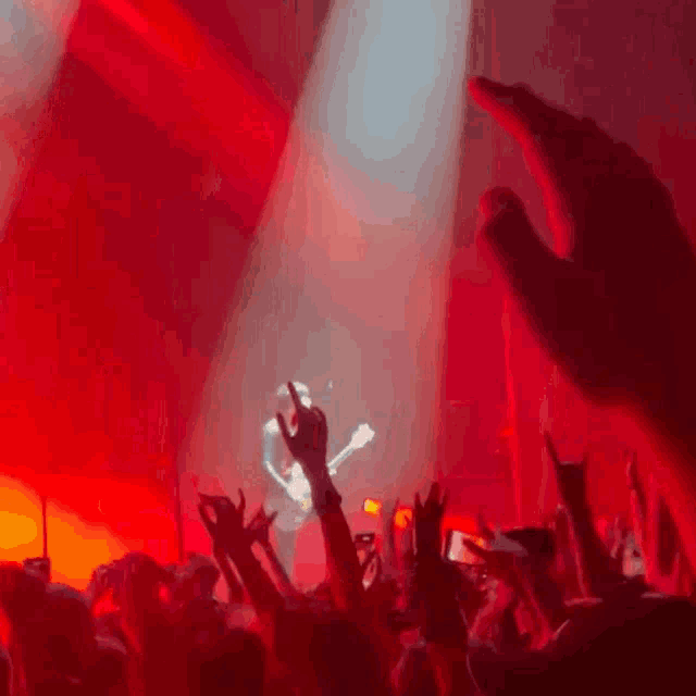 a crowd of people raising their hands in the air at a concert