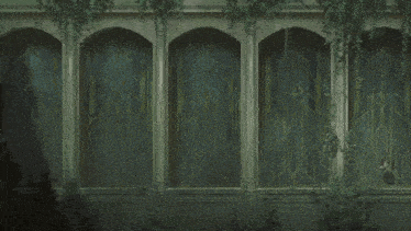 a row of arched windows with ivy growing on the walls