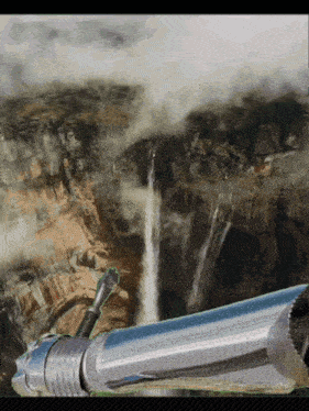 a drawing of a waterfall with a metal object in the foreground