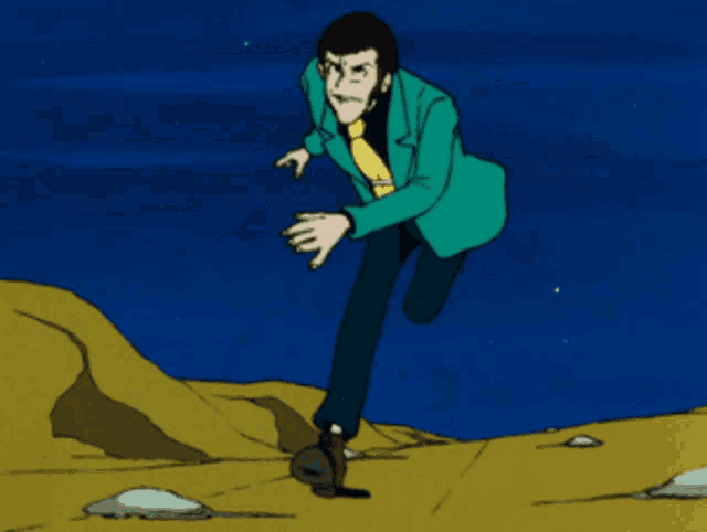 a cartoon of a man in a green jacket and yellow tie running