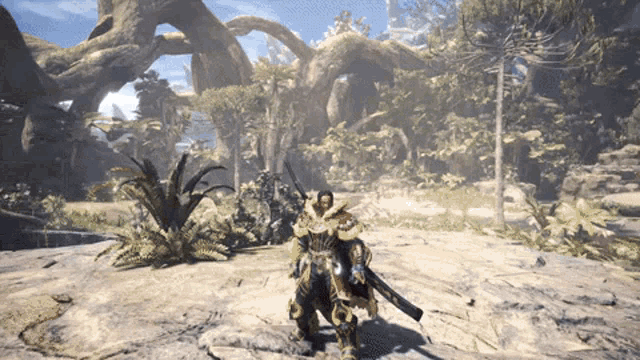 a video game character is standing in a jungle with a sword