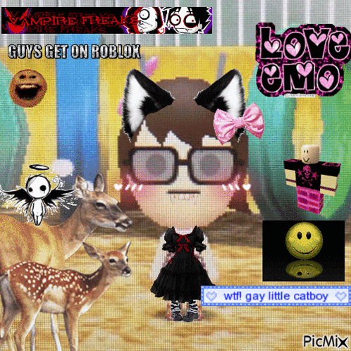 a picture of a girl with glasses surrounded by deer and a sign that says love emo