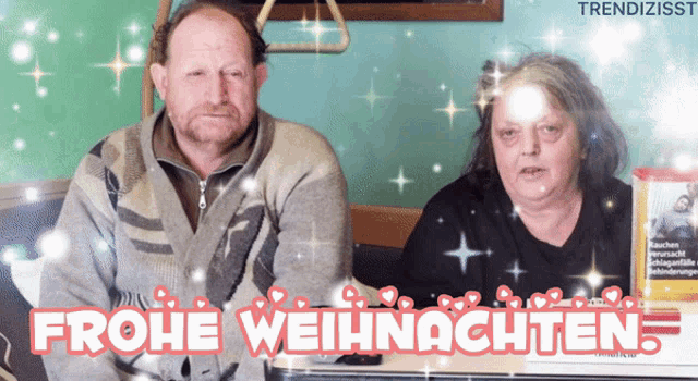 a picture of a man and woman with the words frohe weihnachten