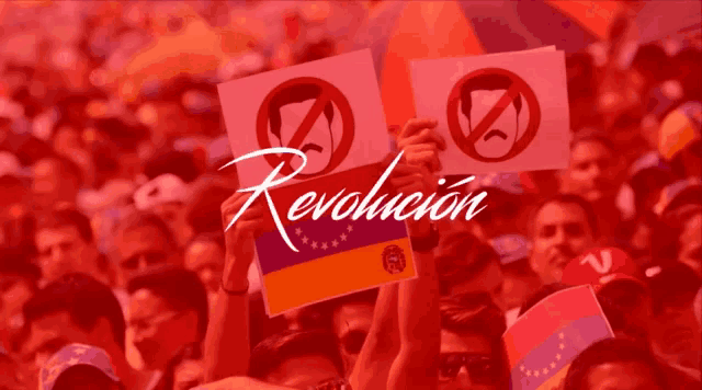 a crowd of people holding up signs that say revolution