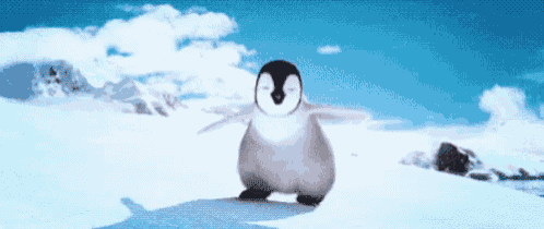a baby penguin is standing in the snow with its eyes closed .