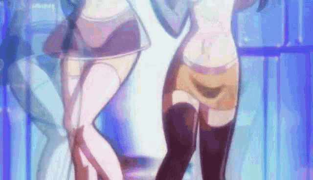 two anime girls are standing next to each other in a room .