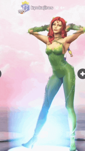 a woman in a green jumpsuit is standing in front of a screen that says kyokajiros 160