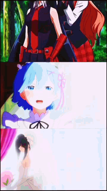 a collage of three anime characters including a bride