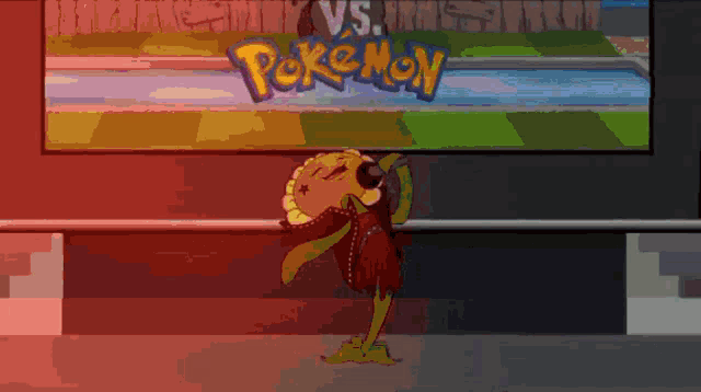 a cartoon character is standing in front of a pokemon poster