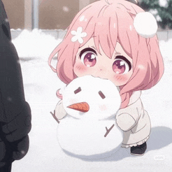 a little girl with pink hair is holding a snowman in her hand