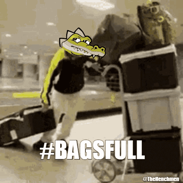a cartoon of a crocodile carrying a suitcase with #bagsfull written below it