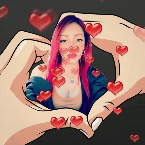 a woman with pink hair is surrounded by hearts and a hand making a heart shape