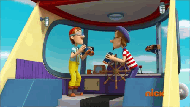a couple of cartoon characters are standing next to each other in a room with a nick logo on the bottom