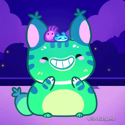 a drawing of a cat with a frog on its head and the name ilovecatgame underneath