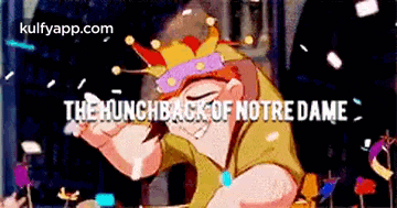 a cartoon character from the movie the hunchback of notre dame is standing in front of a crowd .