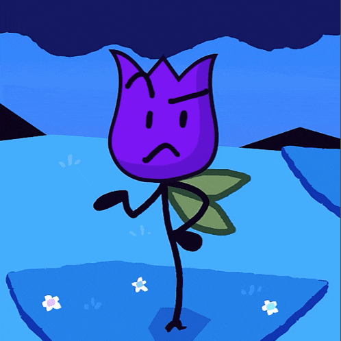 a purple flower with a green leaf is standing on one leg