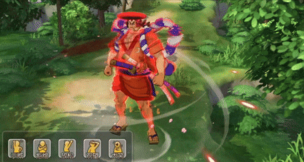 a man in a red and purple outfit is standing in a forest surrounded by trees in a video game .