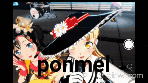 two anime girls are standing next to each other and the word ponmel is on the screen