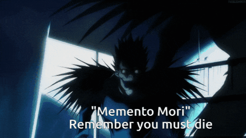 a silhouette of a demon with the words memento mori remember you must die on the bottom