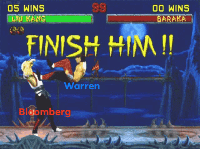 a video game with bloomberg and warren fighting each other