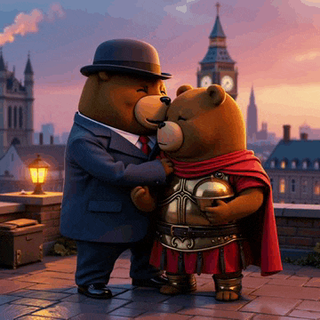 two teddy bears standing next to each other with a big ben clock tower in the background