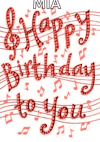 a greeting card that says mia happy birthday to you surrounded by music notes