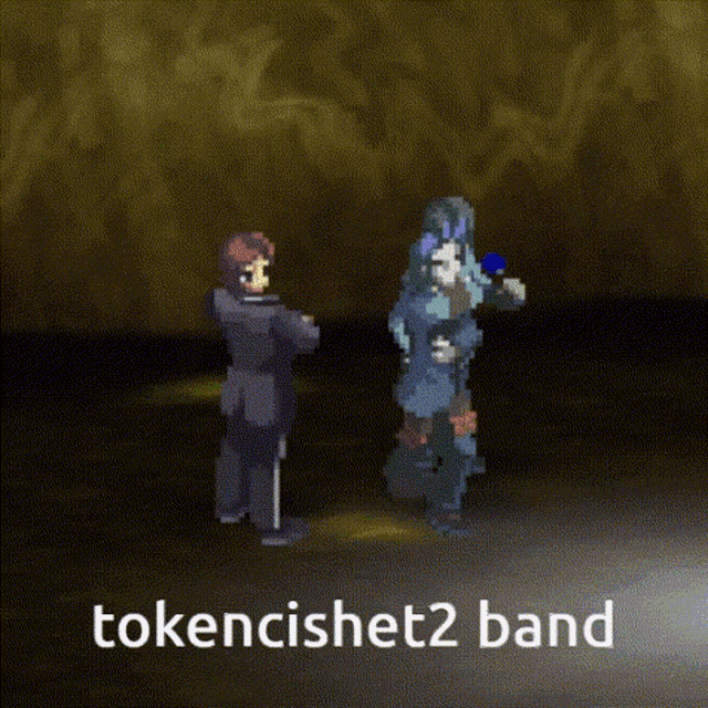 a pixel art of a man and a woman standing next to each other with the words tokencishek2 band written below them