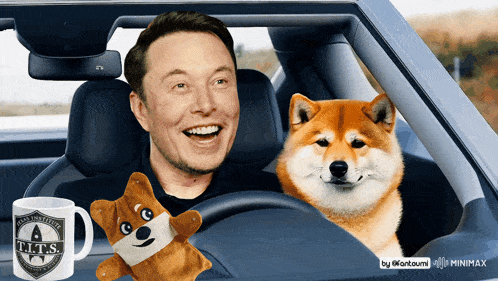 elon musk driving a car with a dog and a mug that says t.i.t.s.