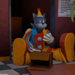 a cartoon character is standing in a doorway with his feet up