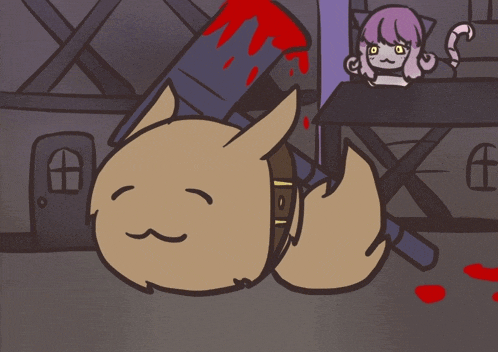 a cartoon drawing of a cat laying down with a bloody knife