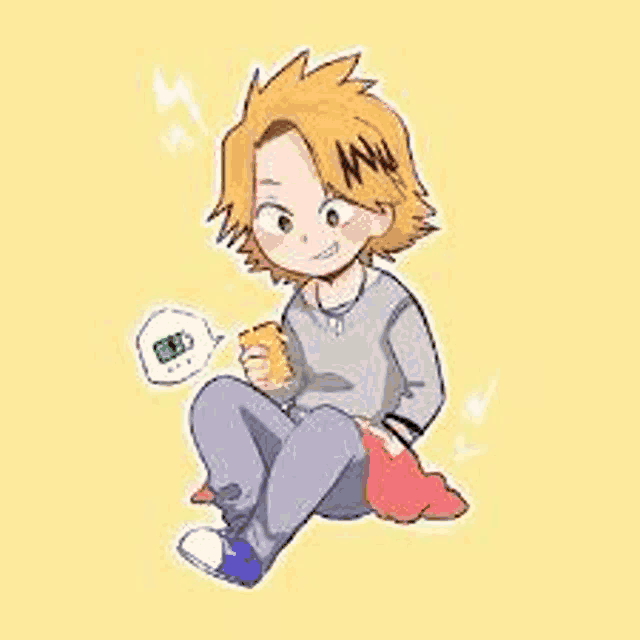 a chibi drawing of a person sitting on the floor holding a sandwich .