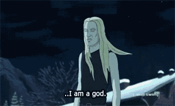a cartoon of a man holding a guitar and saying " i am a god "