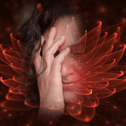 a woman covering her face with her hand in front of a flower